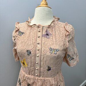 Lace Chantilly Butterfly Button Neck Ruffle Dress